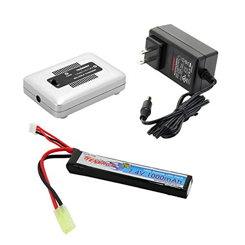 Product Cover Tenergy Airsoft Battery 7.4V 1000mAh High Capacity LiPo Stick Battery Pack 20C High Discharge Rate Hobby Battery Pack w/Mini Tamiya Connector + LiPo/Life Balance Charger 1-4 Cells for Airsoft Guns