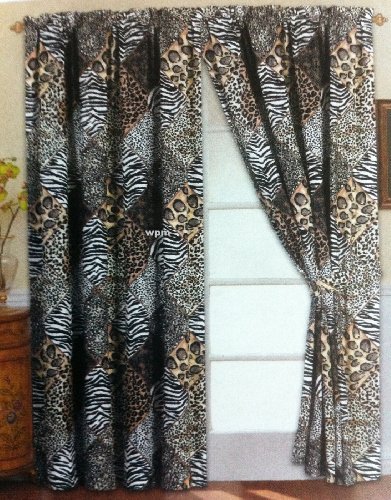 Product Cover 4 Piece Curtain Set: 2 Jungle Safari Black White Giraffe Zebra Panels & 2 Tie Backs