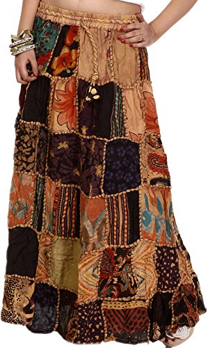 Product Cover Exotic India Long Printed Dori Skirt from Gujarat with - Color Beige.
