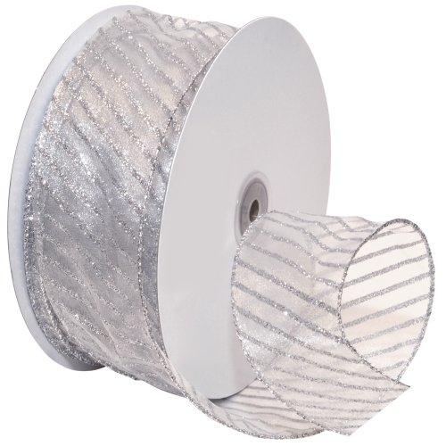 Product Cover Morex Ribbon Striped Wired Sheer Glitter Organza Ribbon, 2-1/2-Inch by 50-Yard Spool, Multiple Colors, 2.5 Inch x 50 Yard, White/Silver