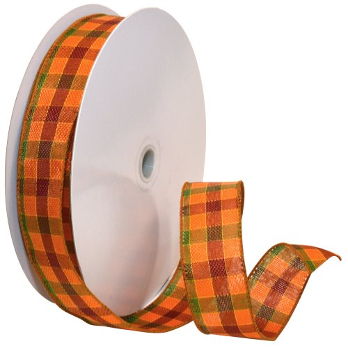 Product Cover Morex Ribbon Autumn Hayride Plaid Wired Fabric Ribbon, Orange, 1-1/2 in x 50-Yd