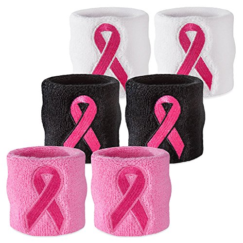 Product Cover Suddora Pink Ribbon Wristbands - Breast Cancer Awareness Sweatband Pairs (Black)