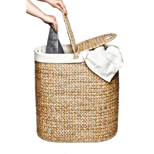 Product Cover Seville Classics Water-Hyacinth Lidded Oval Double Laundry Hamper, Hand-Woven