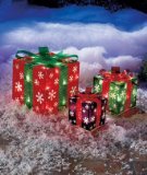 Product Cover Set of 3 Lighted Gift Boxes Snowflakes Red Green Purple Yard Decoration Christmas