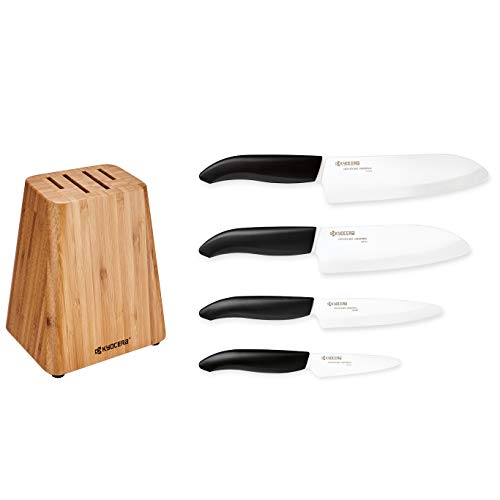 Product Cover Kyocera Bamboo Knife Block Set: includes 4-slot Bamboo Block and 4 Kyocera Advanced Ceramic Knives-FK-Black Handle/White Blade
