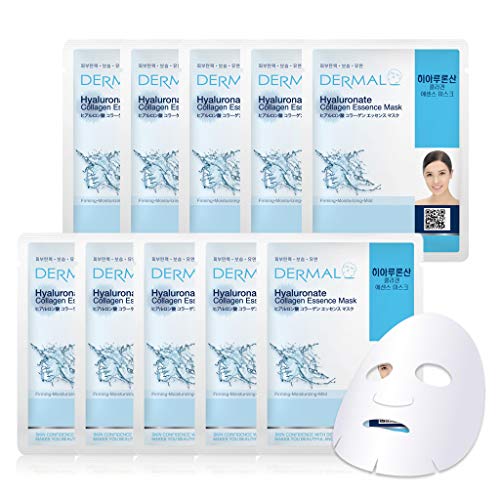 Product Cover DERMAL Hyaluronate Collagen Essence Facial Mask Sheet 23g Pack of 10 - Hydro Boost Moisturizing for Dry Skin, Smoothing Fine Lines Wrinkles, Daily Skin Treatment Solution Sheet Mask