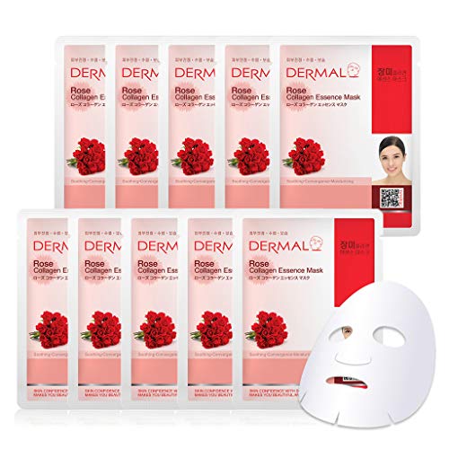 Product Cover DERMAL Rose Collagen Essence Facial Mask Sheet 23g Pack of 10 - Refreshing & Moisturizing for Tried and Dry Skin, Calming and Brightening, Daily Skin Treatment Solution Sheet Mask