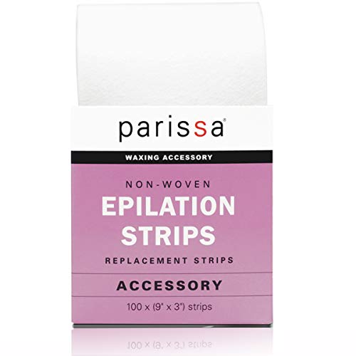 Product Cover Parissa Epilation (Waxing) Non-Woven Cloth Strips, Replacement Strips for use with Hair Removal Liquid Wax, 100 x Large Size Strips 9'' x 3''