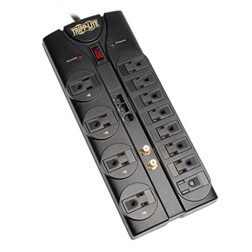 Product Cover Tripp Lite 12 Outlet Surge Protector Power Strip, 8ft Cord, Right-Angle Plug, Tel/Modem/Coax/Ethernet Protection, RJ11, RJ45, & $250,000 INSURANCE (TLP1208SAT)