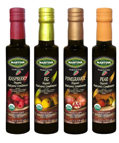 Product Cover Mantova Organic Flavored Balsamic Vinegar of Modena, Pear, Raspberry, Fig and Pomegranate Vinegar 4-Pack Variety Set, 8.5 fl oz. Per Bottle Great Gift Set