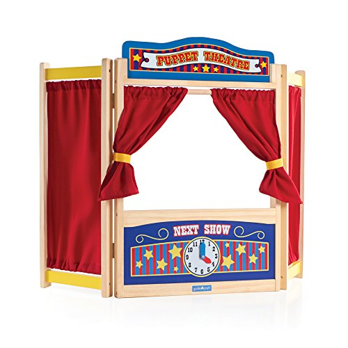 Product Cover Guidecraft Wooden Tabletop Puppet Theater For Kids - Toddler's Foldable Dramatic Play Imaginative Theater W/ Chalkboard, Curtains and Clock