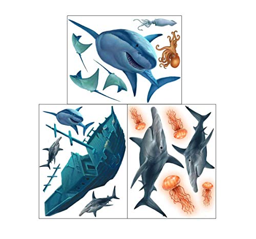 Product Cover Create-A-Mural Shark Wall Decals ~Awesome Shark Creatures & Sunken Pirate Ship Wall Stickers: Boys Room Decor