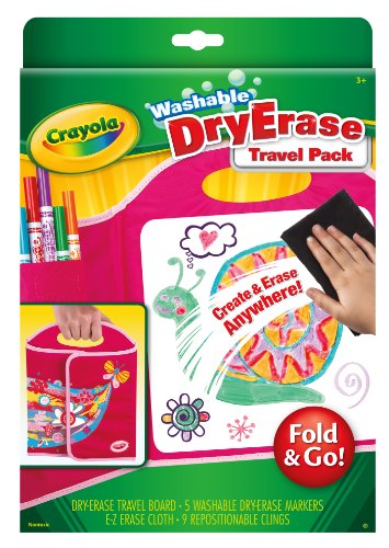 Product Cover Crayola Washable Dry-Erase Travel Pack, Fold & Go Travel Set Art Gift for Kids & Toddlers 3 & Up, Portable All-In-One Dry Erase Set with Trifold Folio, Markers, E-Z Erase Cloth & Repositionable Clings