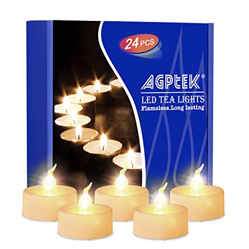 Product Cover AGPTEK Timer Flickering Tea Lights 24 Pack Flickering LED Candles with Timer Battery Operated Flameless Tealight Candles for Wedding Holiday Party Home Decoration Warm White