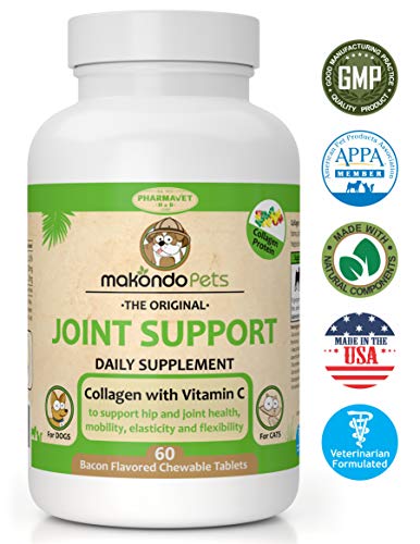 Product Cover Makondo Pets Joint Support Supplement for Dogs and Cats-Bacon Flavor Chewables with Collagen Concentrate and Vitamin C to Help Increase Joints Health, Mobility, Elasticity and Flexibility-60 Tablets