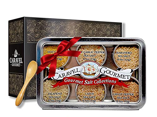 Product Cover The Spicy Hot Gourmet Sea Salt Sampler - Perfect as a Gift Set - Reusable Tins & Bamboo Spoon - Ghost Pepper, Habanero, Jalapeno, Garlic Pepper, Cajun, & Curry Salts - by Caravel Gourmet