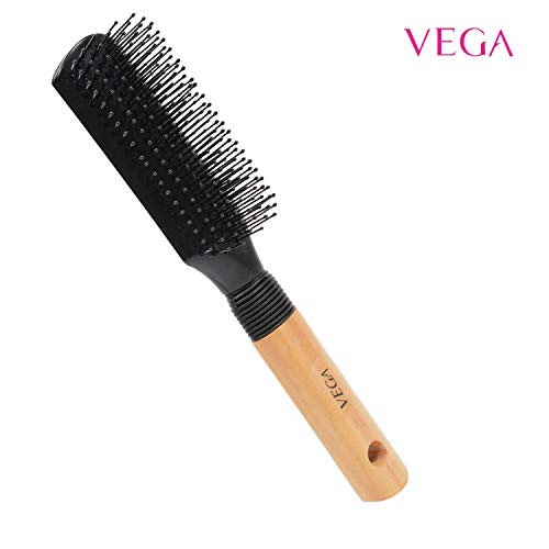 Product Cover Vega Flat Brush with Wooden and Black Colored Handle with Black Brush Colored Head