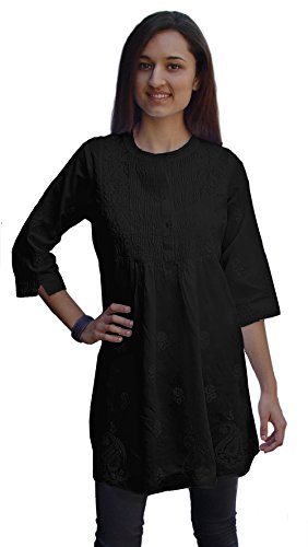 Product Cover Ayurvastram Bibab Pure Cottn Hand Embroidered Front Pleated Tunic Top Kurti: Black, Sz 10