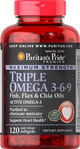 Product Cover Puritan's Pride Maximum Strength Triple Omega 3-6-9 Fish, Flax & Chia Oils-120 Softgels