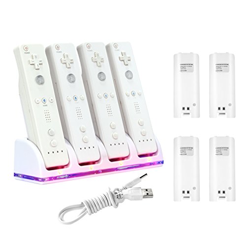 Product Cover Insten 4 Port Quad Charging Station with 4 Rechargeable 2800 mAh Battery Compatible With Nintendo Wii Remote Control Dock, White