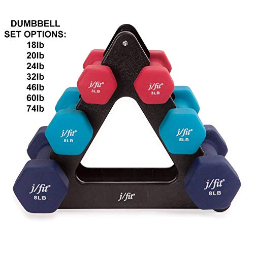 Product Cover j/fit Dumbbell Set w/Durable Rack | Solid Design | Double Neoprene Coated Workout Weights Non-Chip and Flake | Dumbbells Sets For Gyms, Pilates, MMA, Training (32lb Set)