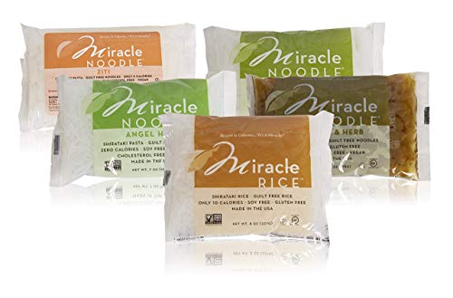 Product Cover Miracle Noodle Shirataki Ziti, Fettuccini, Angel Hair, Garlic & Herb, & Rice Variety Pack, Gluten-Free, Zero Carb, Keto, Vegan, Soy Free, Paleo, Blood Sugar Friendly, 7oz (Pack of 5)