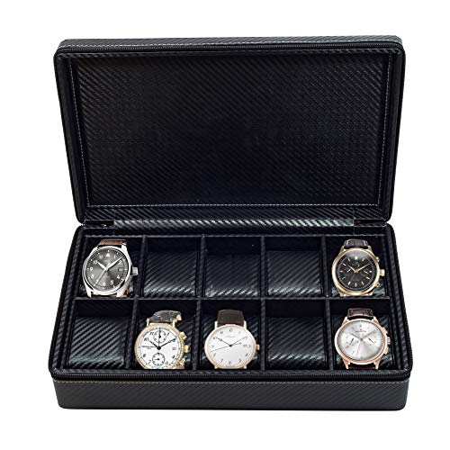 Product Cover 10 Watch Briefcase Black Carbon Fiber Zippered Travel Storage Case 50MM Men''s Gift