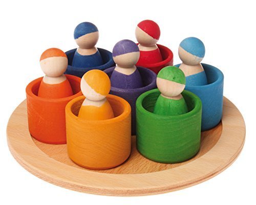 Product Cover Grimm's Seven Friends in 7 Bowls: Set of Wooden Sorting & Matching Rainbow Peg Dolls with Tray