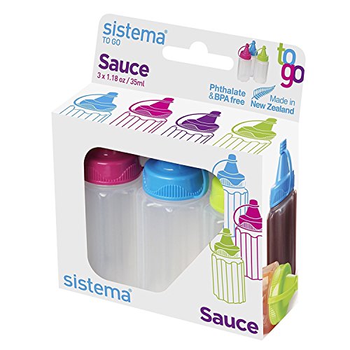 Product Cover Sistema To Go Collection Sauce Squeeze Bottle, 1.1 oz./32.5 mL, Pink/Green/Blue, 3 Count