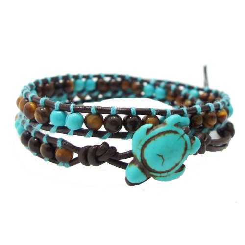 Product Cover AeraVida Ocean Sea Turtle Simulated Turquoise and Tiger's Eye Double Wrap Leather Bracelet