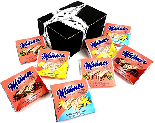 Product Cover Manner Cream Filled Wafers 4-Flavor Variety: Two 2.5 oz Packages Each of Vanilla, Chocolate, Hazelnut, and Lemon in a BlackTie Box (8 Items Total)
