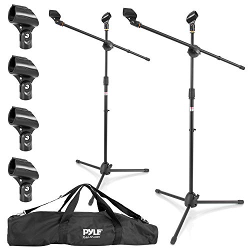 Product Cover Universal Adjustable Tripod Microphone Stand - Pair of Heavy Duty Lightweight Professional Compact Extendable Stage Studio Floor Standing Boom Mic Holder w/ Carry Bag, 5/8