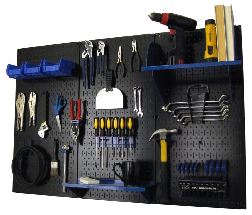 Product Cover Wall Control Pegboard Organizer 4 ft. Metal Pegboard Standard Tool Storage Kit with Black Toolboard and Blue Accessories