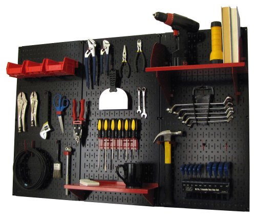 Product Cover Wall Control Pegboard Organizer 4 ft. Metal Pegboard Standard Tool Storage Kit with Black Toolboard and Red Accessories