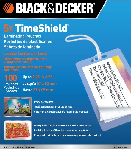 Product Cover BLACK + DECKER TimeShield  Thermal Laminating Pouches, Luggage Tag with Loops, 5 mil - 100 Pack (LAMLUG5-100)