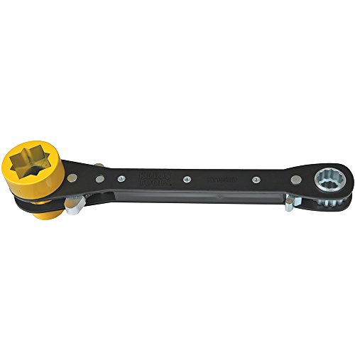 Product Cover Klein Tools KT155HD Heavy-Duty 5-In-1 Lineman's Ratcheting Wrench with Bolt Through Design and Bright Yellow Socket