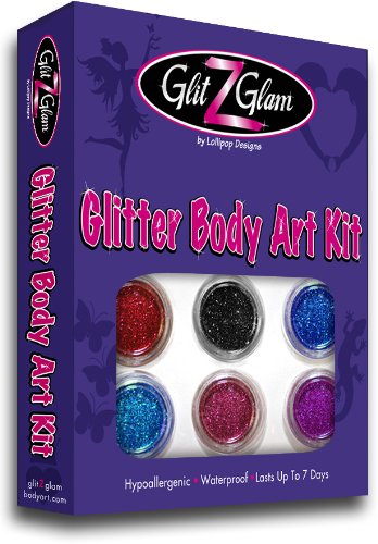 Product Cover Glitter Tattoo Kit- NEW GLITZ - with 6 Large Glitters & 12 Stencils - HYPOALLERGENIC and DERMATOLOGIST TESTED! - for boys & Girls. Children Tattoos by GlitZGlam Body Art