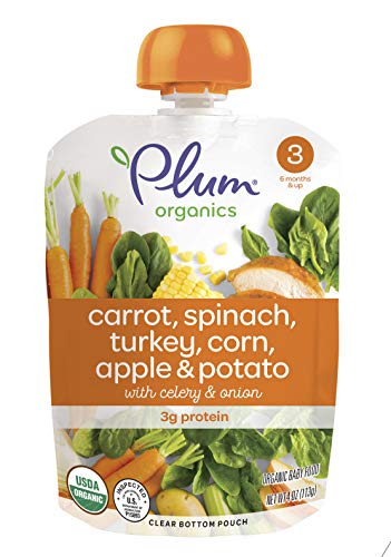 Product Cover Plum Organics Stage 3, Organic Baby Food, Carrot, Spinach, Turkey, Corn, Apple and Potato, 4 Ounce pouches (Pack of 12) (Packaging May Vary)