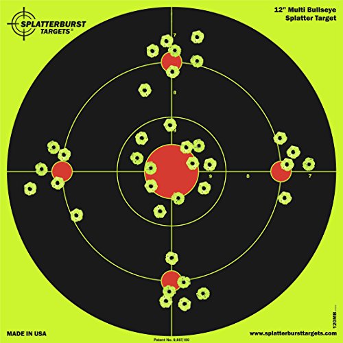Product Cover Splatterburst Targets - 12 inch Multi-Bullseye Reactive Shooting Target - Shots Burst Bright Fluorescent Yellow Upon Impact - Gun - Rifle - Pistol - AirSoft - BB Gun - Pellet Gun - Air Rifle (10 Pack)