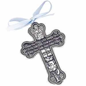 Product Cover Bless The Child - GUARDIAN ANGEL Baby BOY Crib Cross PEWTER Medal/CHRISTENING/BABY SHOWER GIFT/Baptism KEEPSAKE/with BLUE RIBBON/GIFT BOXED