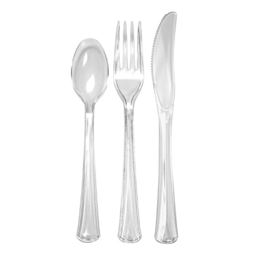Product Cover Party Essentials Deluxe Plastic Full Size Extra Heavy Duty Cutlery, Clear (64 Knives, 64 Forks, 64 Spoons)