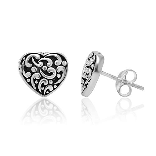 Product Cover 925 Oxidized Sterling Silver Filigree Heart 10 mm Post Stud Earrings