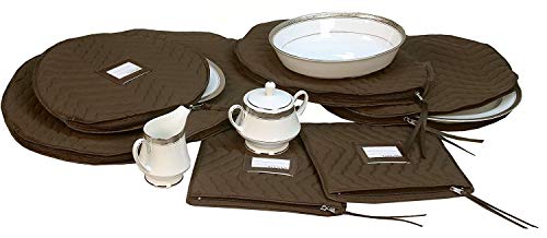 Product Cover 6 Pieces of Fine China Dinnerware Accessory Storage Set - Deluxe Quilted Plush Microfiber - Contents Label Window - Protect Your Valuable China Dishes from Dings, Scratches and Cracks - Brown
