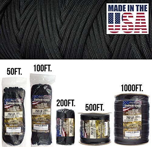 Product Cover TOUGH-GRID 750lb Black Paracord/Parachute Cord - Genuine Mil Spec Type IV 750lb Paracord Used by The US Military (MIl-C-5040-H) - 100% Nylon - Made in The USA. 50Ft. - Black