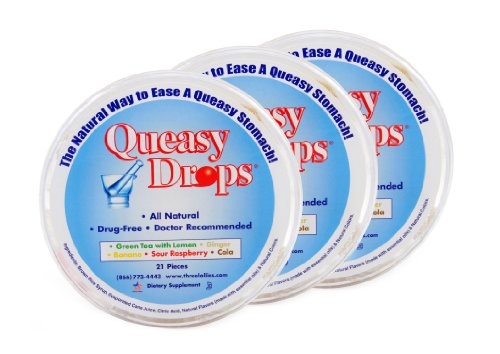 Product Cover Three Lollies Queasy Drops | Assorted for Nausea Relief |Green Tea with Lemon | Ginger | Banana | Sour Raspberry | Cola |3 Containers | 21 Drops Per Container