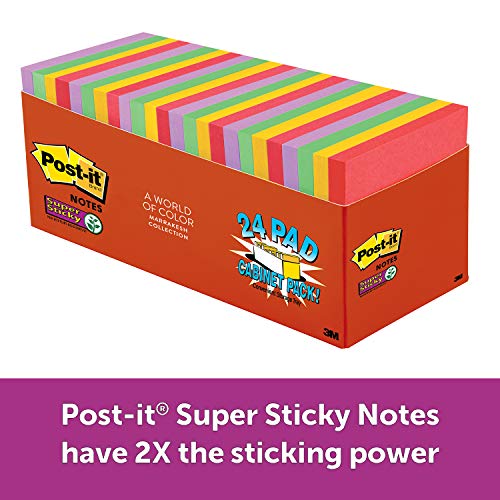 Product Cover Post-it Super Sticky Notes, Rainbow Pack, Sticks and Resticks, Recyclable, 3 in. x 3 in, 24 Pads/Pack, 70 Sheets/Pad (654-24SSAN-CP)
