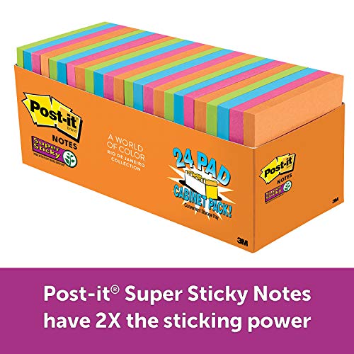 Product Cover Post-it Super Sticky Notes, Rio de Janeiro Colors, Large Pack, Recyclable, 3 in. x 3 in, 24 Pads/Pack, 70 Sheets/Pad (654-24SSAU-CP)