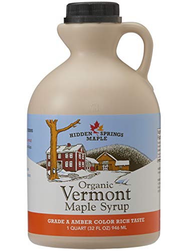 Product Cover Hidden Springs Organic Vermont Maple Syrup, Grade A Amber Rich, 32 Ounce, 1 Quart, Family Farms, BPA-free Jug