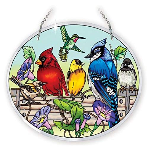 Product Cover Amia 41053 Hand Painted Beveled Glass 9 by 6-1/2-Inch Oval Sun Catcher, Multiple Birds on Rail Design, Large