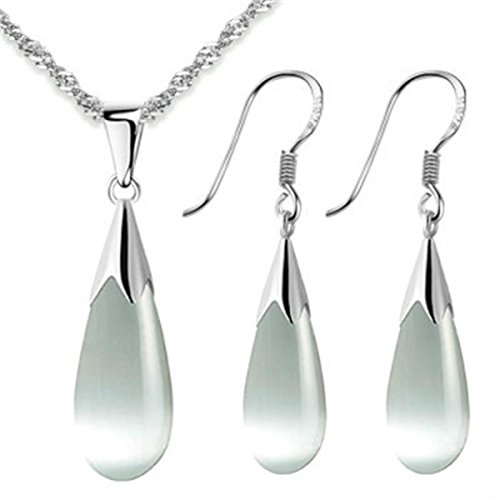 Product Cover Merdia Womens 925 Sterling Silver Created Cat's Eye Teardrop Pendant Necklace and Earrings Set (Pendant and Earrings Set)